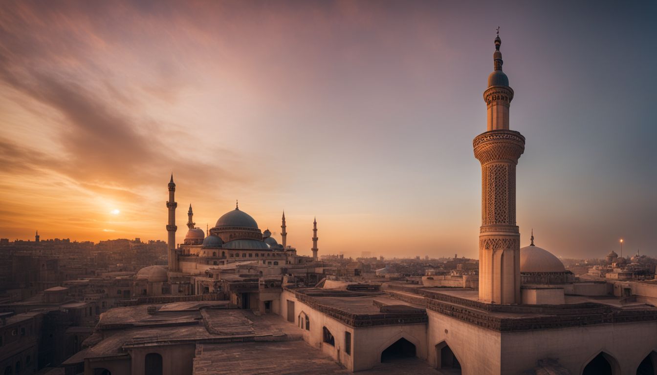 A mosque's minaret stands tall amidst a serene sunset.