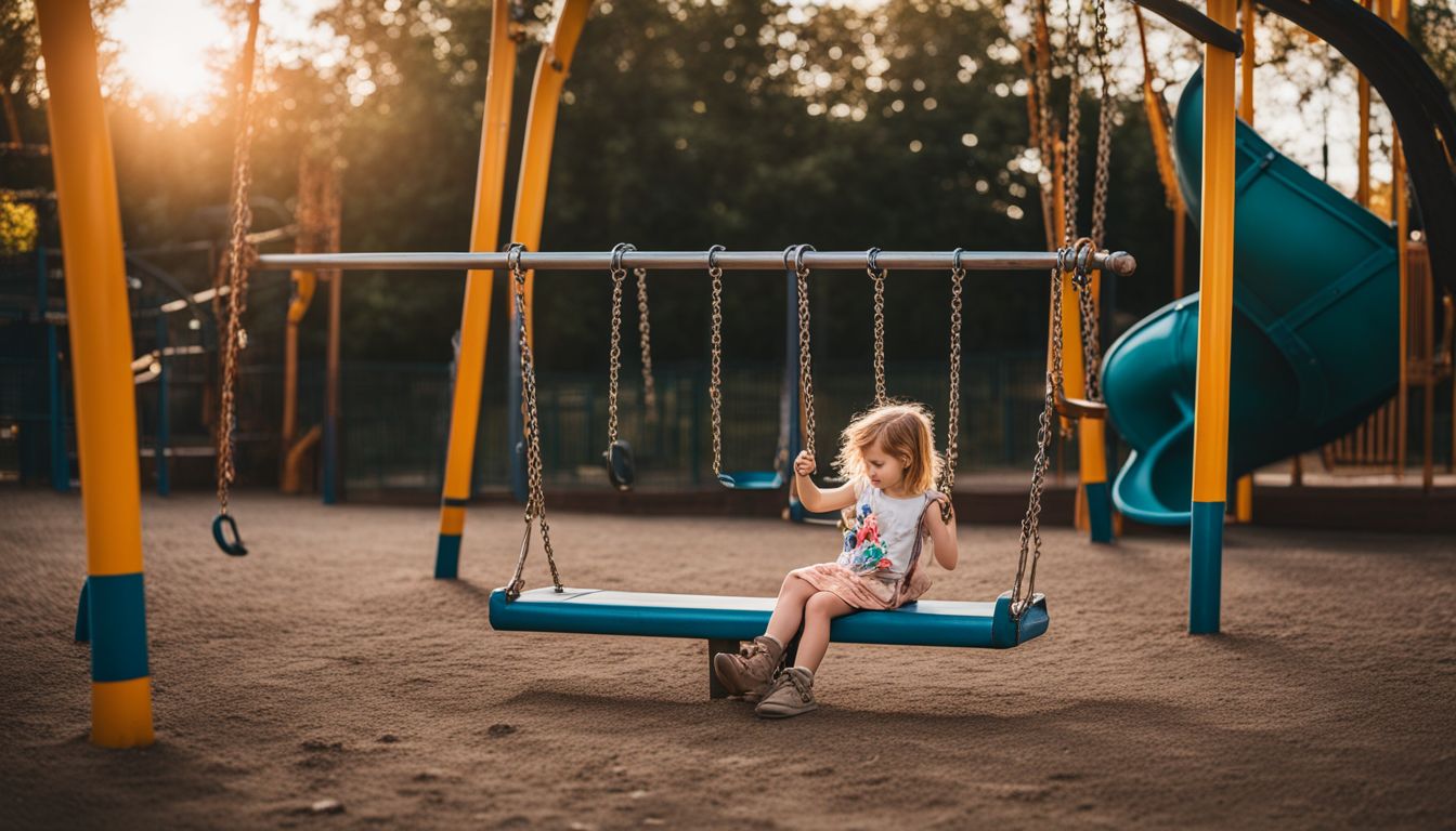 A child plays alone in an empty playground surrounded by deserted equipment.