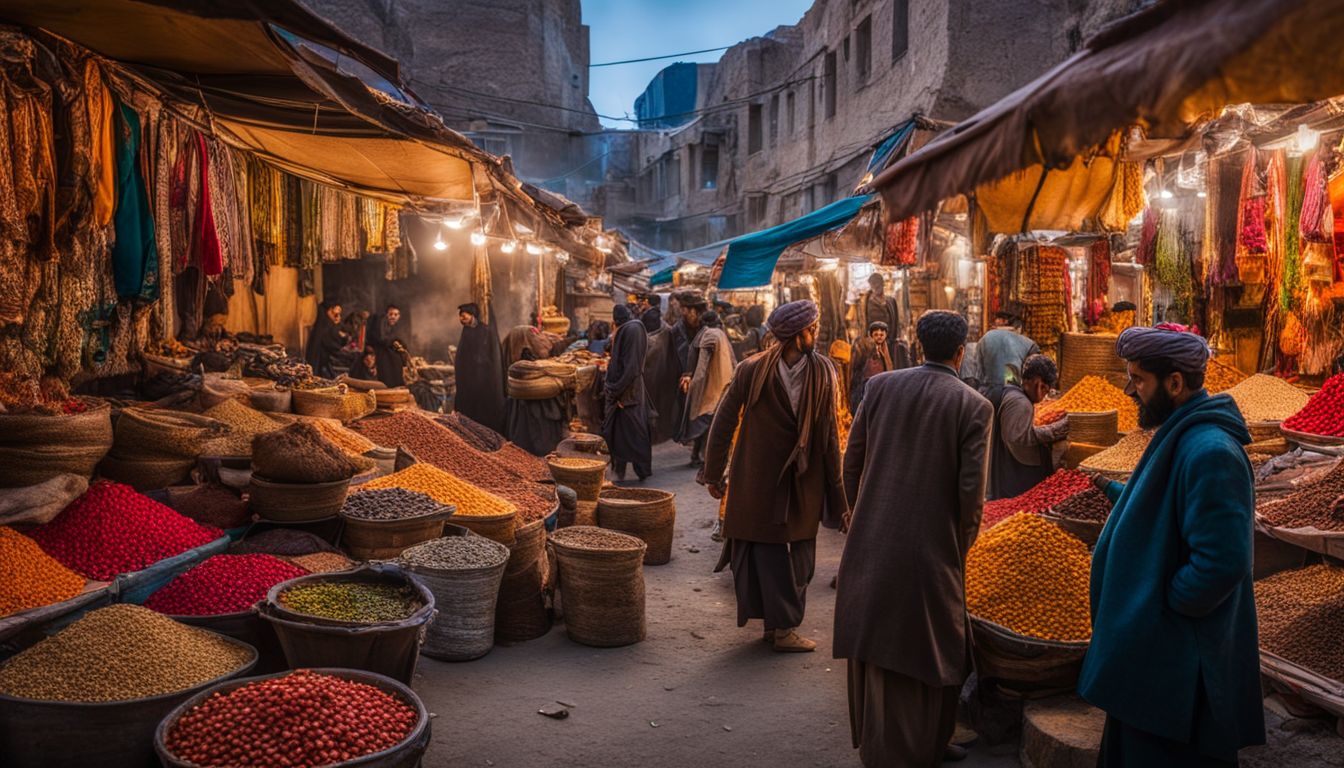A vibrant Afghan marketplace with a bustling atmosphere captured in high definition.