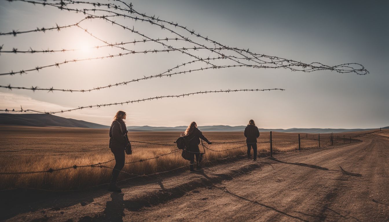 A barbed wire fence cutting through a desolate landscape in wide-angle shot.