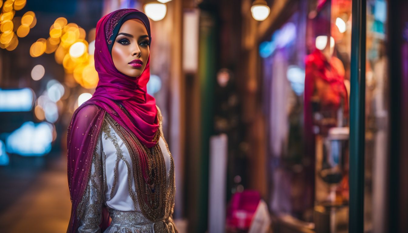 A mannequin showcases modern Muslim fashion in a vibrant urban setting.
